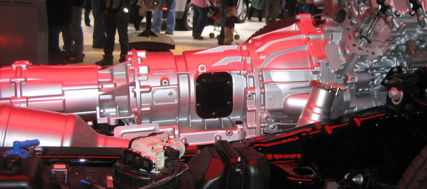 An Allison 1000 automatic transmission bolted to a Duramax diesel engine